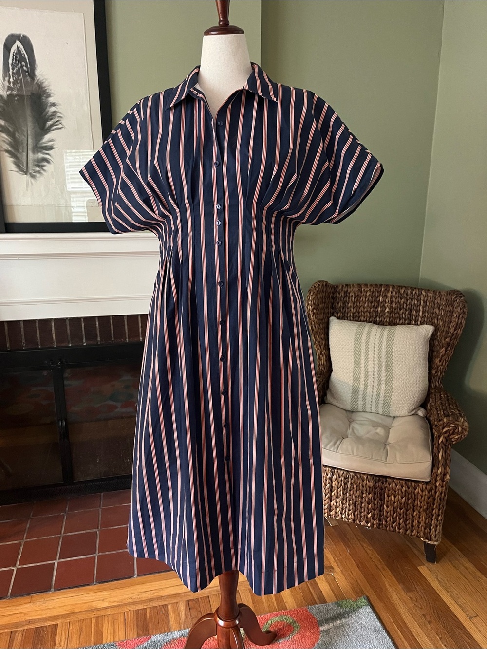Navy & Red/ White Striped Pleated Waist Midi Shirtdress 100% Cotton | Size L